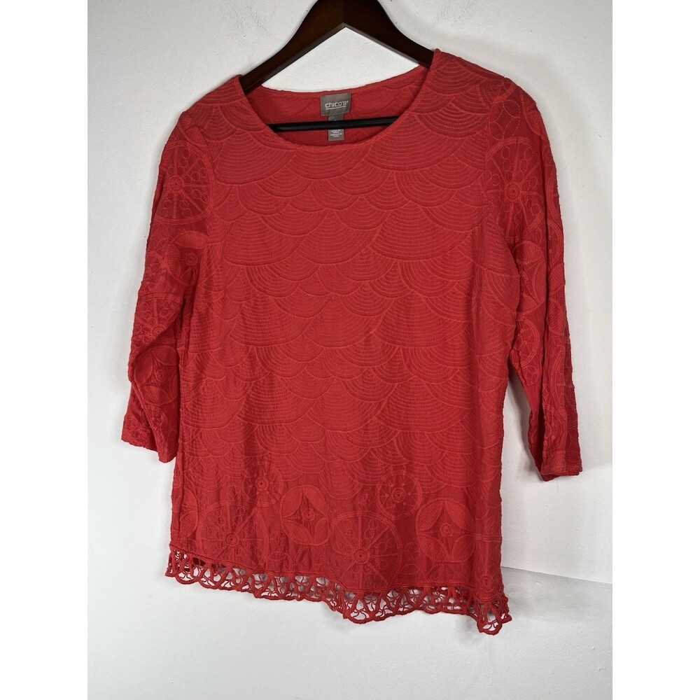 Chicos sz 2 L Eyelet lace 3/4 sleeve coral blouse top - Picture 1 of 8